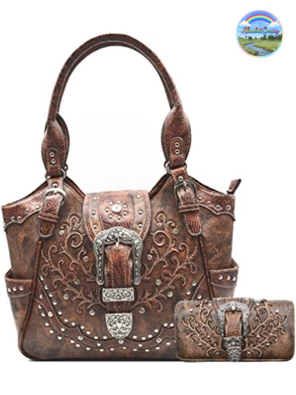 Western Tooled Leather Floral Handbag Wallet Set